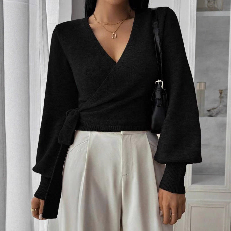 Efterår og vinter uregelmæssig snøre elegant kort top i uld