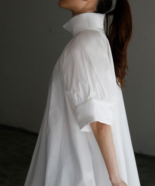 White Loose Bubble Sleeve Stand Collar Short Shirt