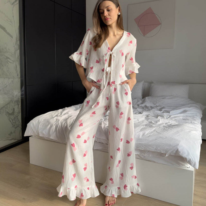 Leopard-print Cotton Ruffle-trimmed Short-sleeve Pajama Set With Long Pants