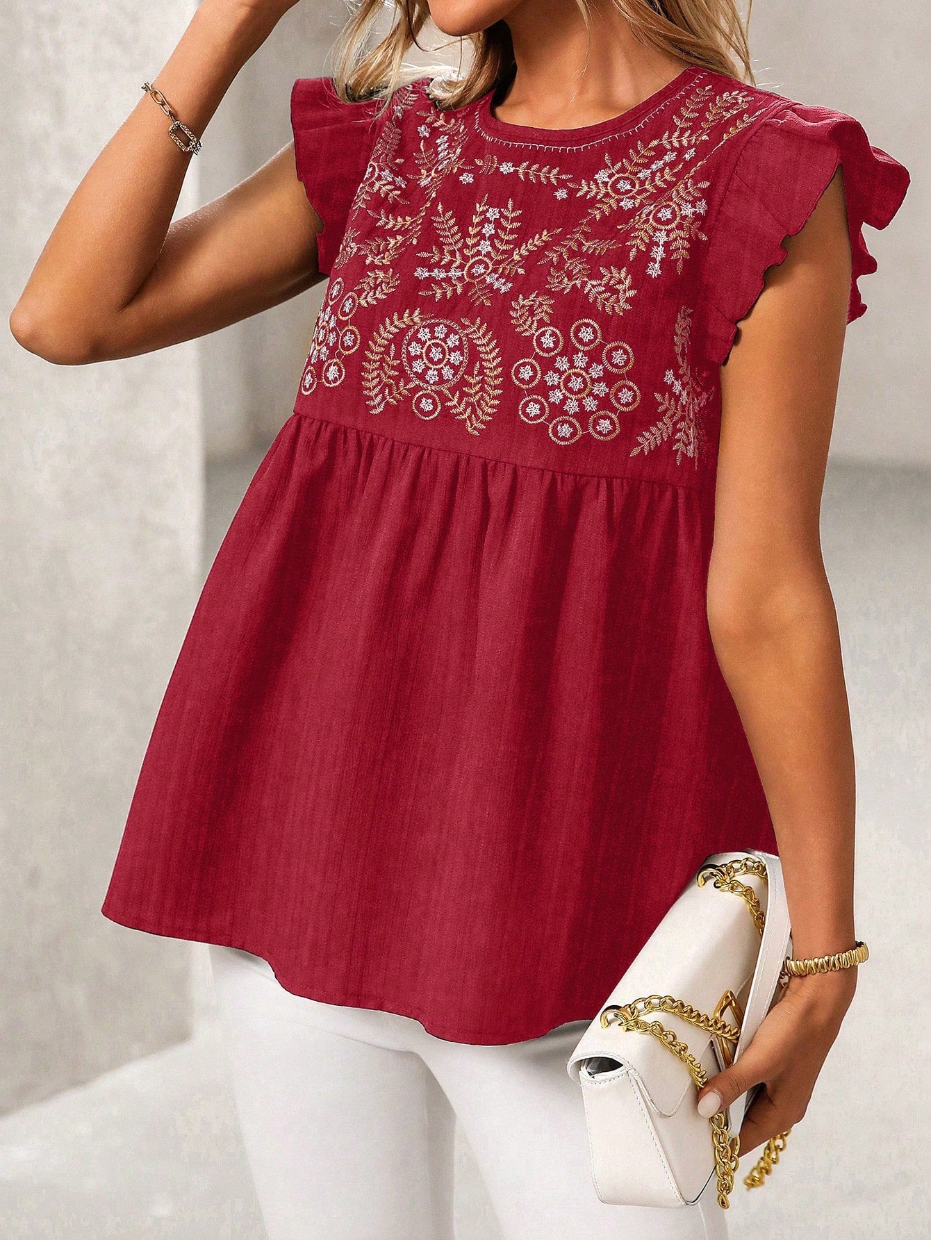 Ethnic Style Embroidered Straight Shoulder Flutter Sleeve Fashion Casual Short Shirt