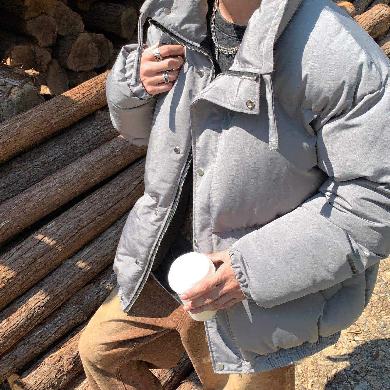 Trendy Men's Solid Color Stand Collar Bread Jacket