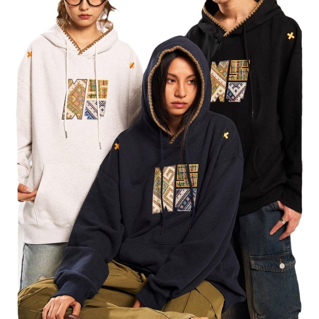 Retro Ethnic Style Woven Patch Versatile Loose Hooded Sweater