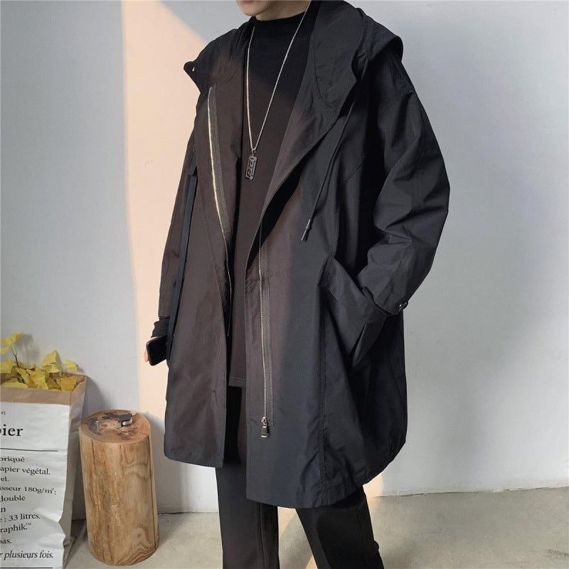 Hong Kong Style Casual Windbreaker Men's Mid-length Hooded Jacket