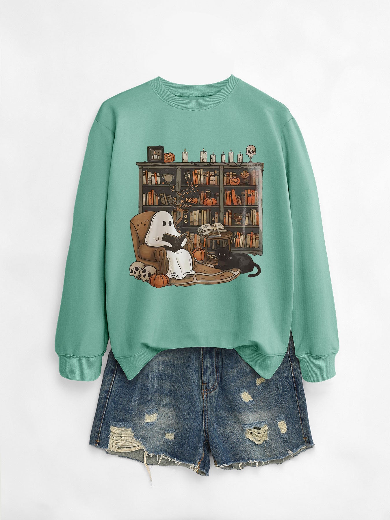 Printed Bookshelf Ghost Black Cat Round Neck Sweater