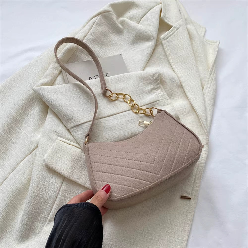 Women’s Retro Felt Underarm Bag - Solid Color Shoulder Bag, Casual Dumpling Crossbody Purse