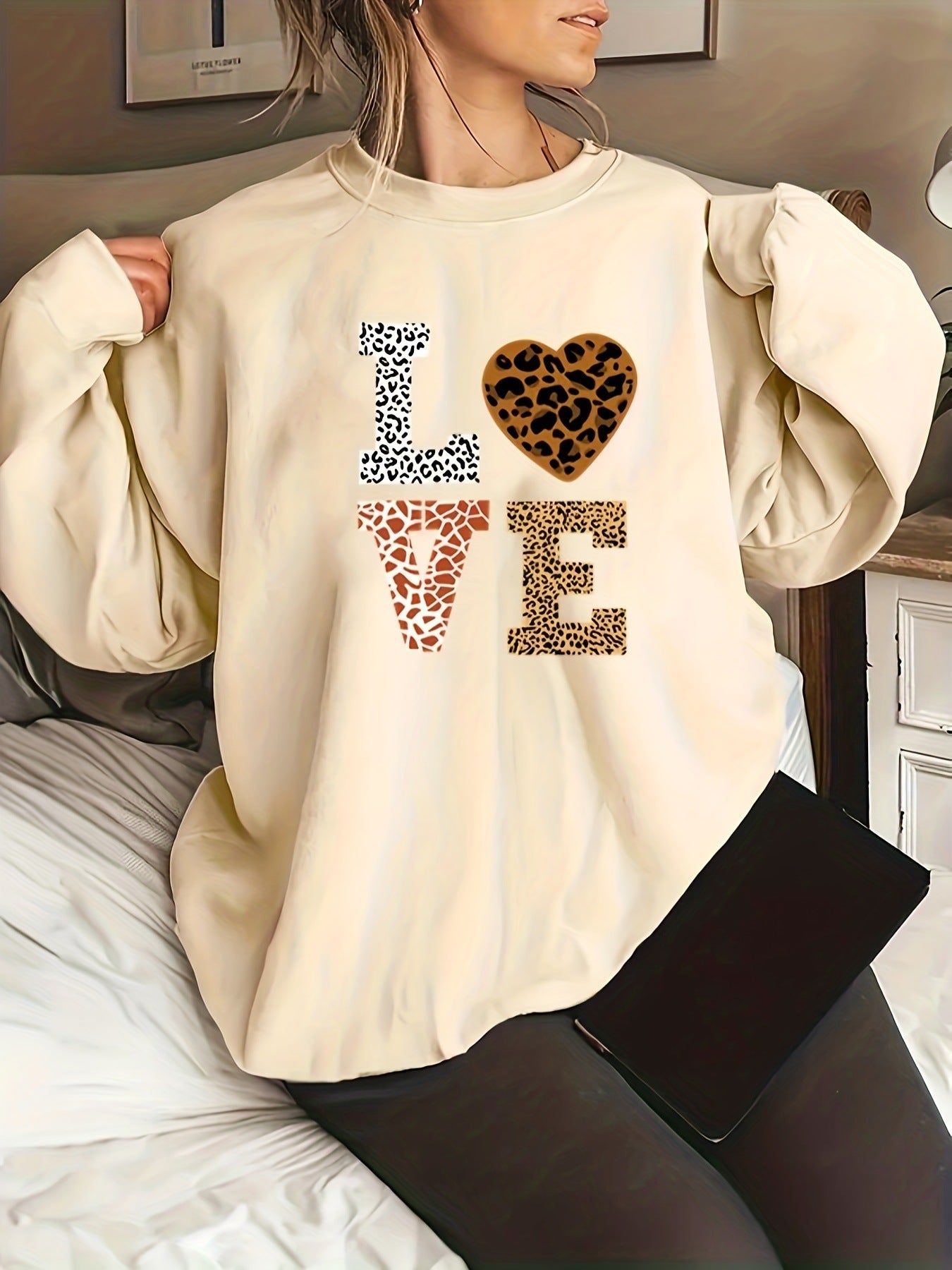 Rundhalset Leopardprint Kærlighed Plus Size Trøje Til Piger