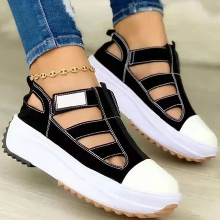 New Large Size Thick Sole Shoes Women's Round Toe Hollow Velcro
