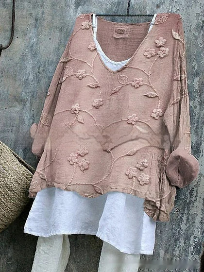 Womens Embroidered Loose Linen Top With Long Sleeves