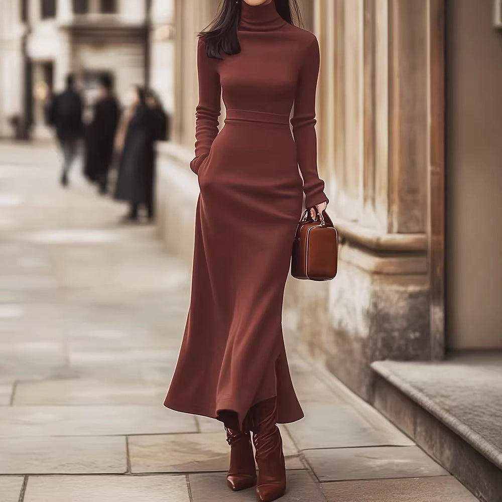 Womens Elegant High-Neck Slim-Fit Long-Sleeve Knitted Dress
