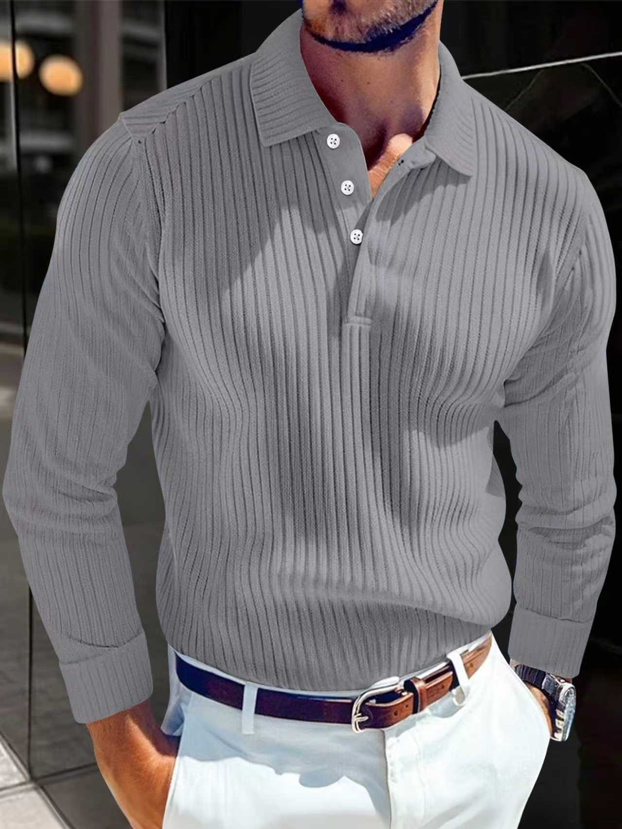 Men's Polo T-shirt With A Turn-down Collar Spring Summer Business Buttoned Long-sleeve Sports Retro Style Striped Polo Shirt For Daily Wear