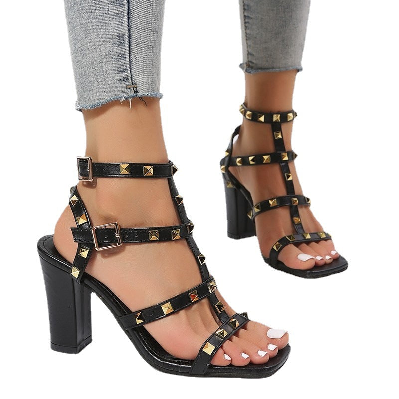 Women's Square Head Metal Rivet High Heel Sandals