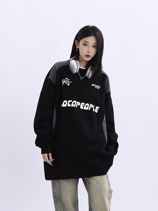 Racing Element Round Neck Long Sleeve Sweater Loose Couple's Tops