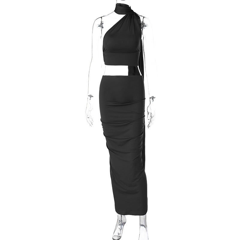 Fashion Backless Tube Top Slim Fit Pleated Skirt
