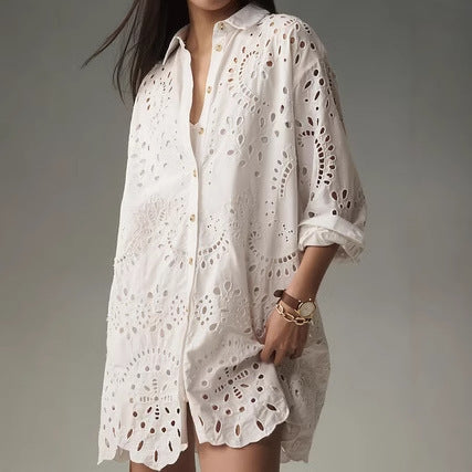 Casual Daily Solid Color Hollow Buckle Lapel Shirt