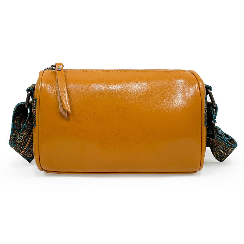 New Leather Oil Wax Cowhide Embroidered Wide Shoulder Pillow Bag