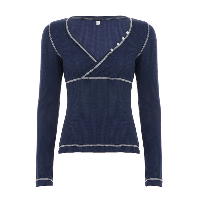 Cross-Over Neck T-Shirt Cross-Border V-Neck Slim-Fit Top That Flatters