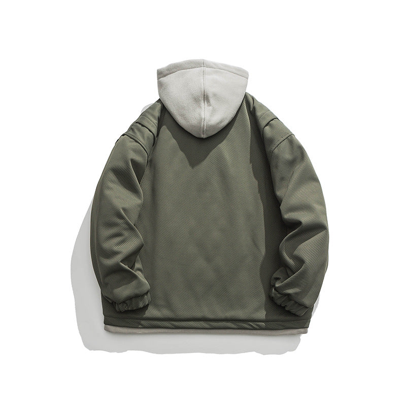 Color Matching Three-dimensional Pocket Fake Two Pieces Shirts Retro Hooded Jacket Men