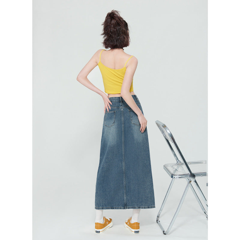 New High Waist Front Patch Pocket Denim Women's Bag Hip Skirt