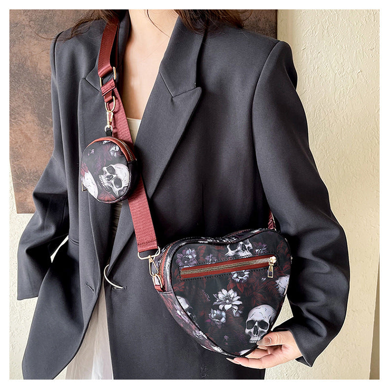 Skull Flower Printed Waterproof Oxford Cloth Large Capacity Versatile Shoulder Bag Detachable Coin Purse
