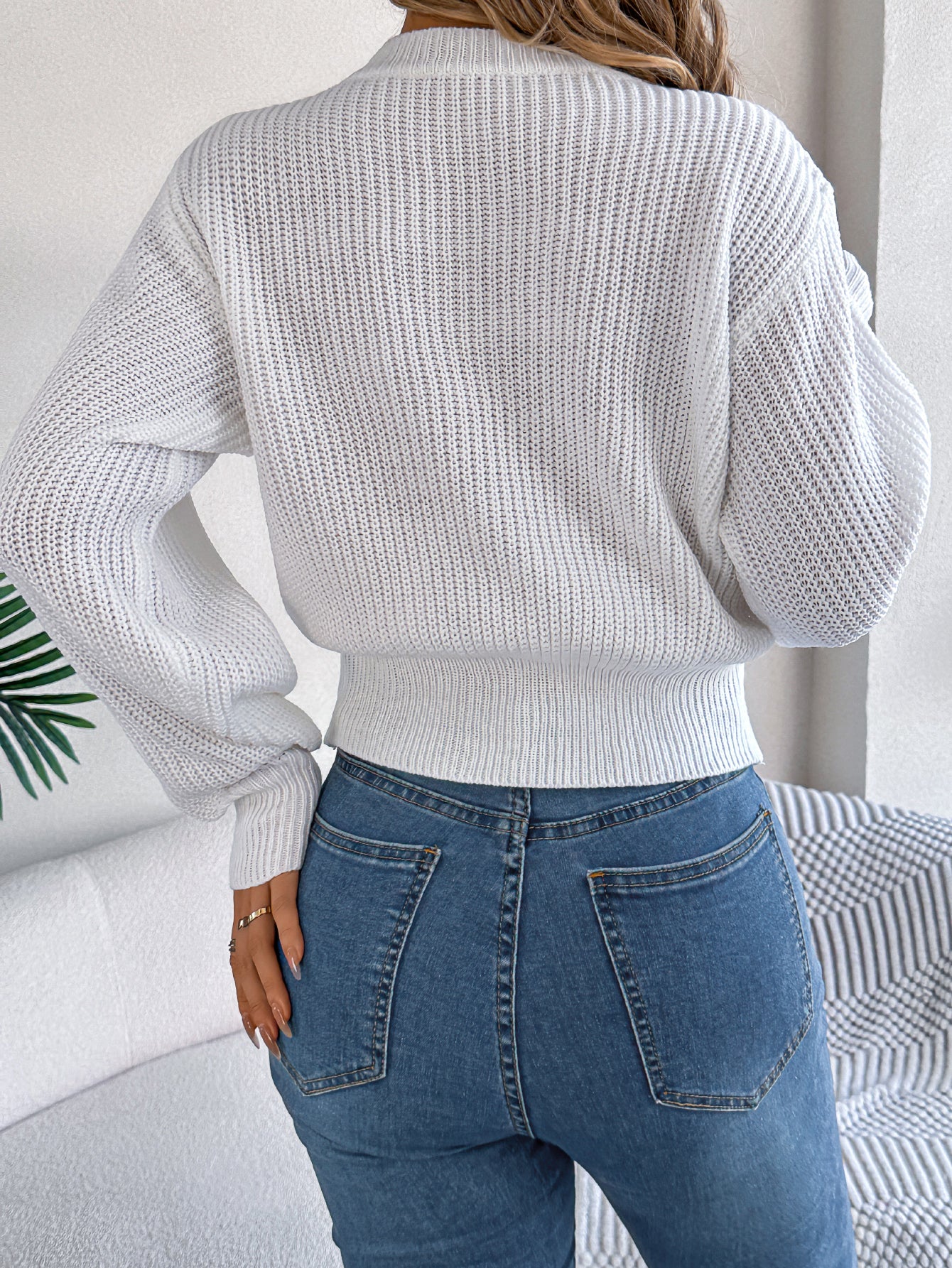 Solid Color Cable Knit Lantern Sleeve Cinched Pullover Sweater