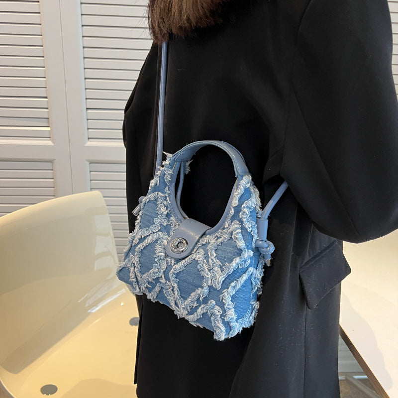 Women's Denim One Shoulder Cross Body Crescent Bag New Trend Tassel