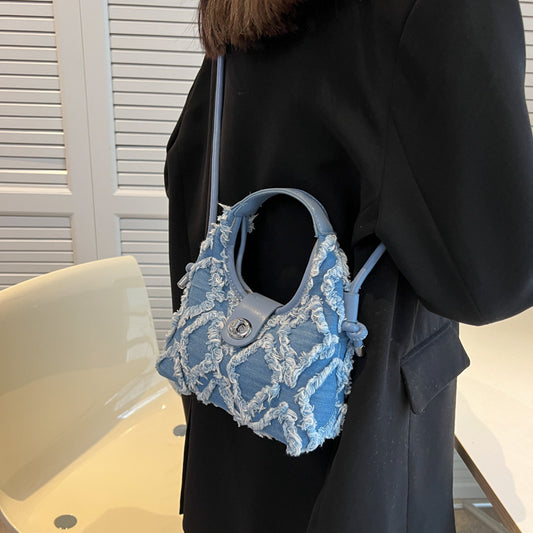 Women's Denim One Shoulder Cross Body Crescent Bag New Trend Tassel