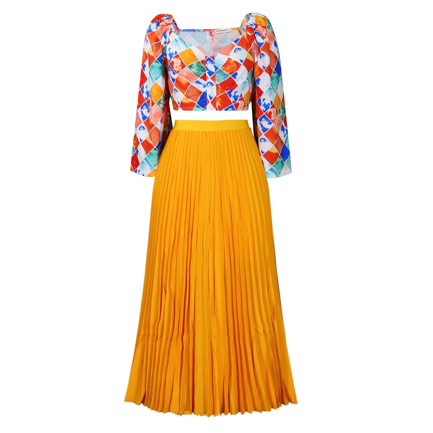 V-neck Printed Top With A Pleated Long SkirtAfrican-style Two-piece Set
