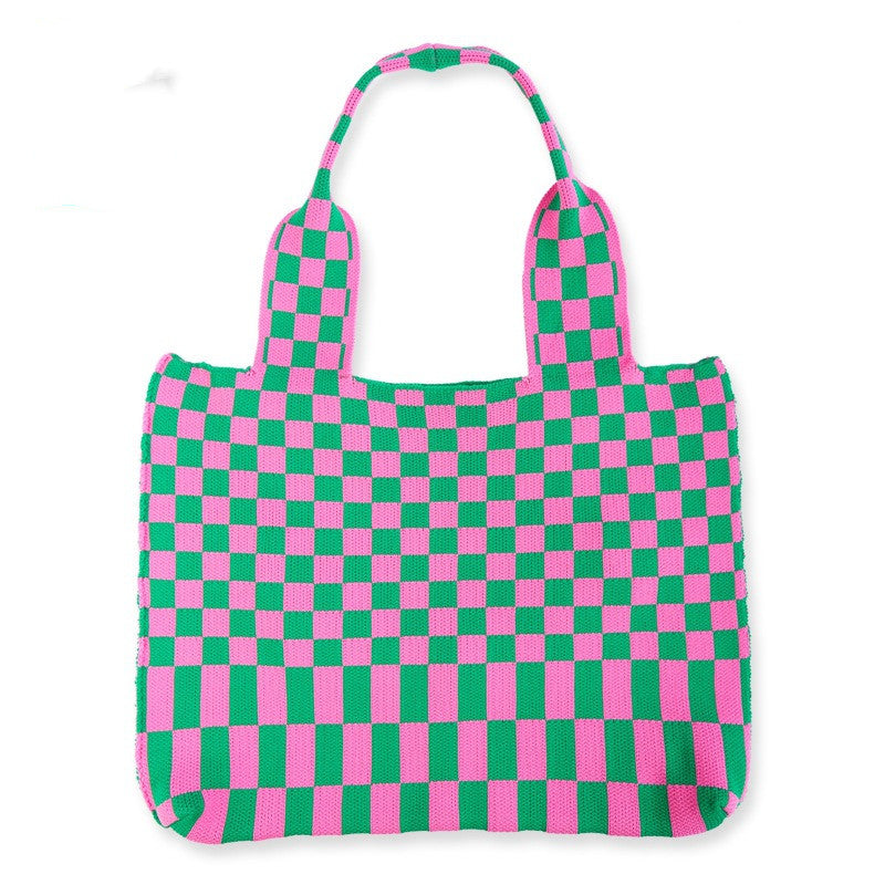 Women's Simple Checkerboard Shoulder Knitted Bag Large Capacity