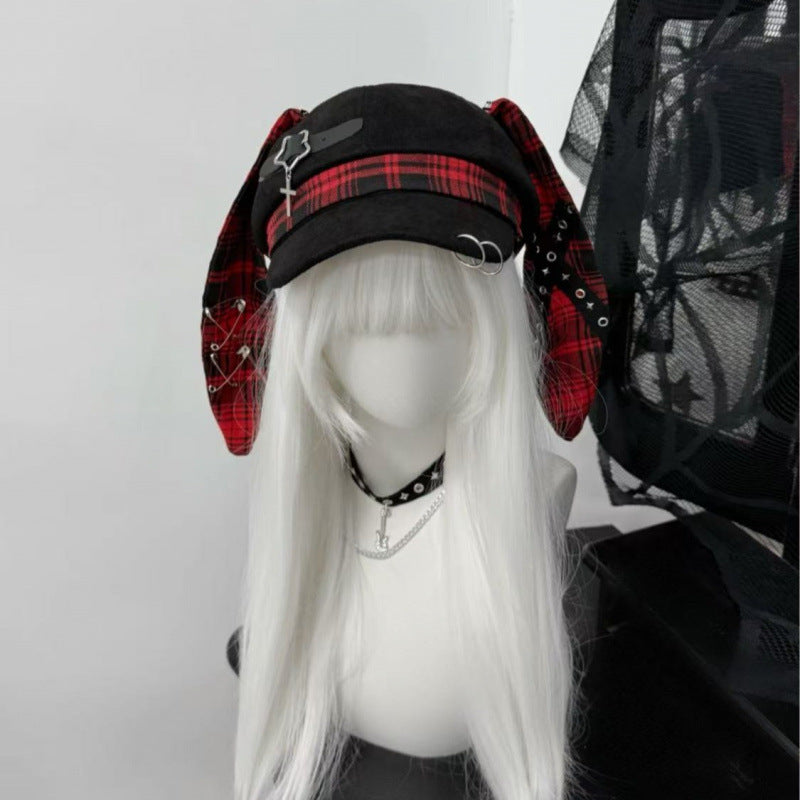 Original Punk Beret With A Subcultural Fashionable Checkered Rabbit-ear Design