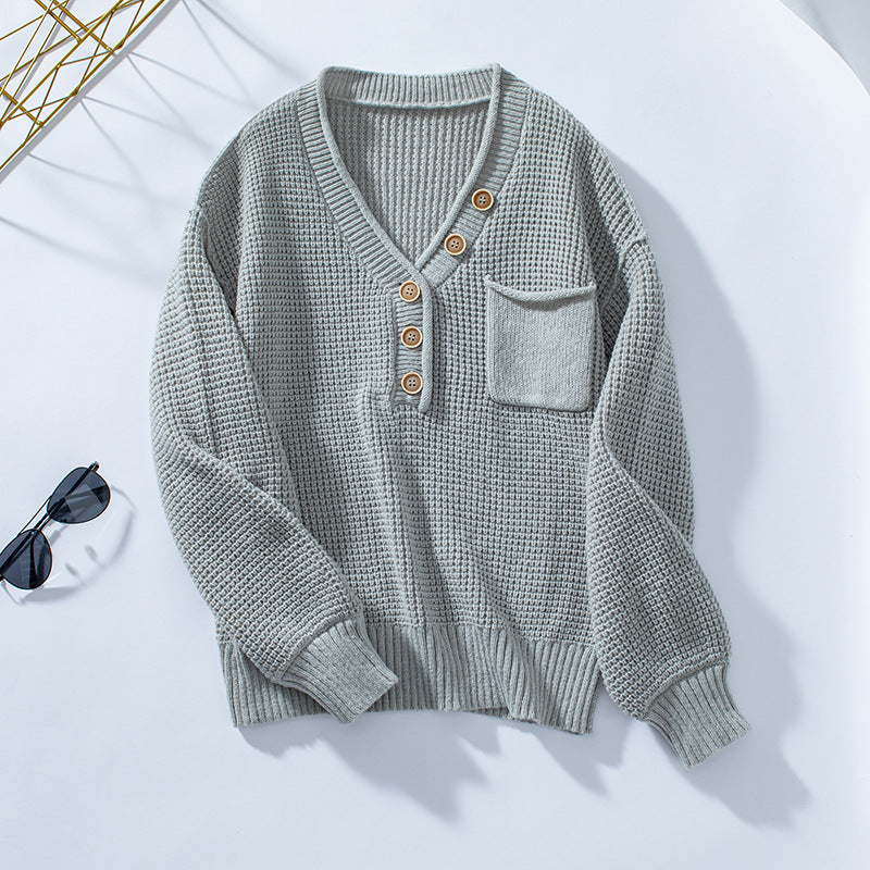 V-neck Buttons Solid Color Sweater For Women