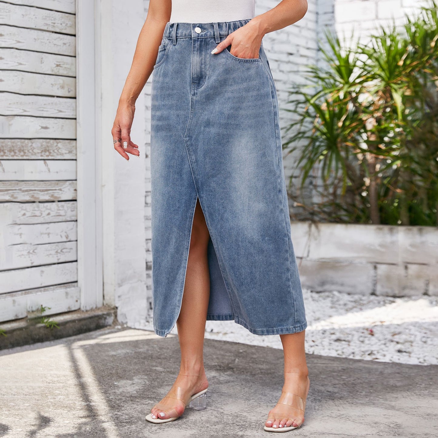 Washed Elastic Waist Split Denim Midi Dress