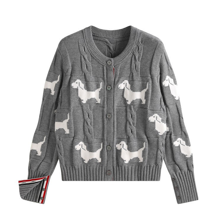 Design Dog Jacquard Twist Lazy Round Neck Knitted Cardigan