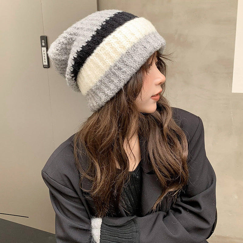 Large Head Circumference Knitted Wool  Colorblock Fashion