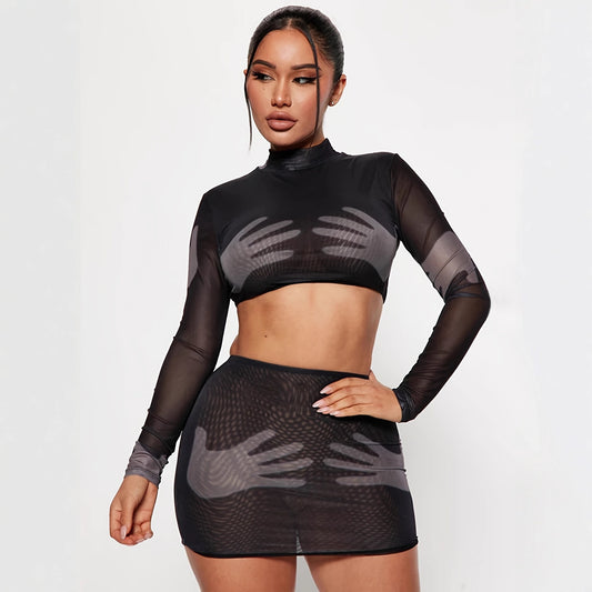 Womens Sexy Mesh-Panel Long-Sleeve Skirt Set
