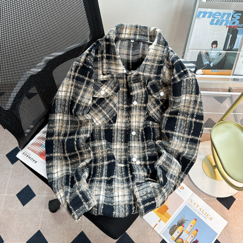 Plaid Tooling Woolen Button Shirt Jacket Men