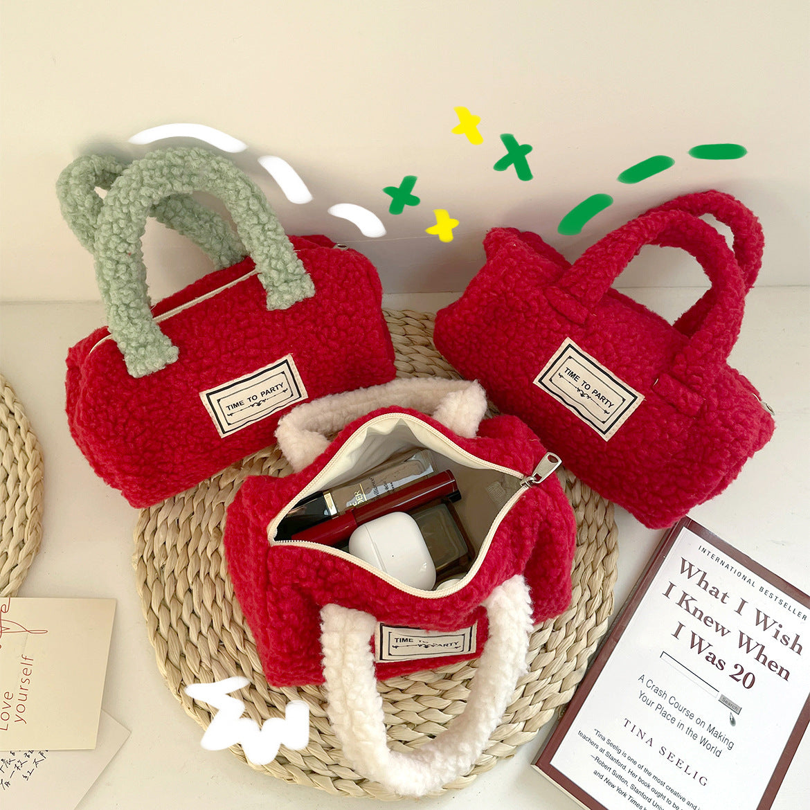Plush Small Red Envelope Contrast Color Lamb Wool Hand Bag