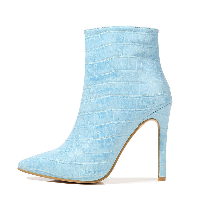Pointed Stiletto Heel Snakeskin Print Women's Back Zipper Boots