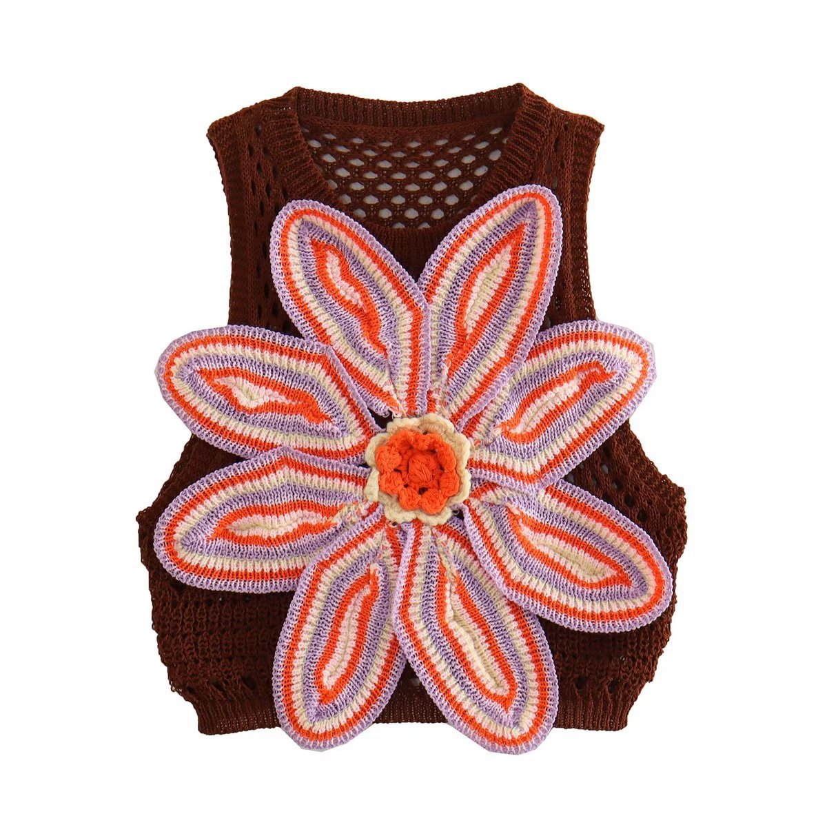 Flower Decorative Knitted Short Top Hollow-out Suit