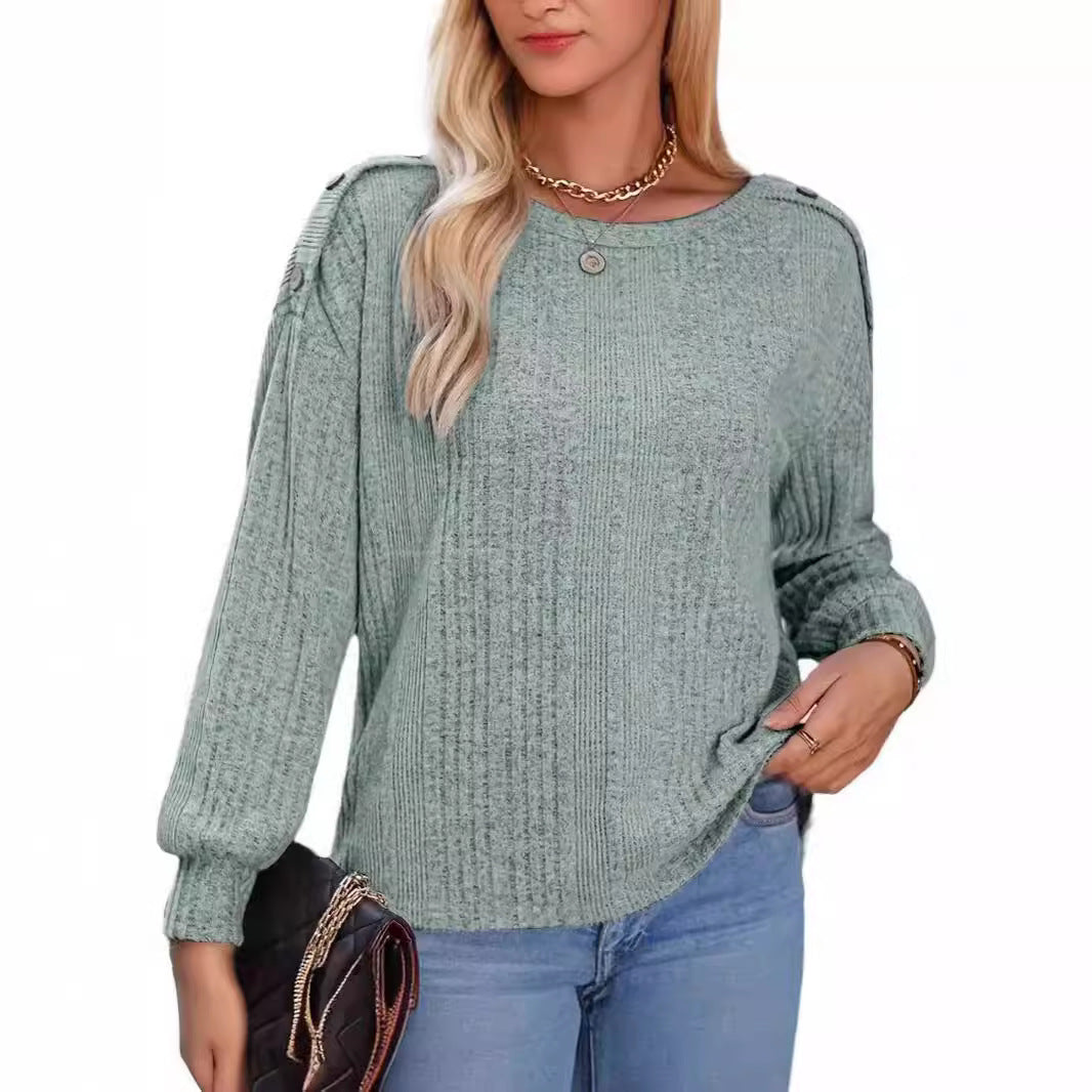 Solid Color Round Neck Fastener Decorative Long Sleeve Top