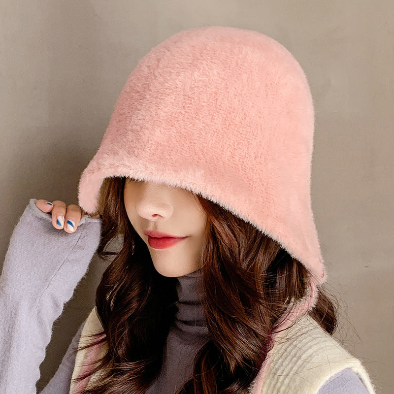 Female Round Top Faux Sable Fur Basin Hat With Solid Lace