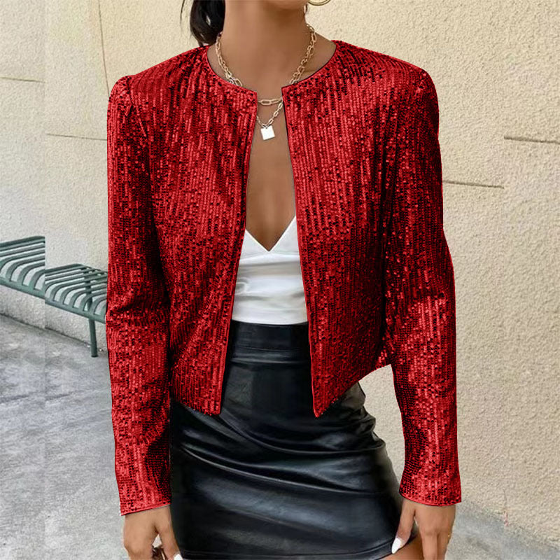 Stand Collar Color Matching Sequins Coat Short Casual Jacket