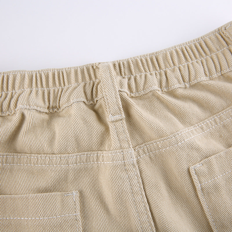 Mode Multi-lomme Syede Jeans Ensfarvet