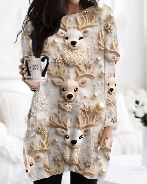 Printed Round Neck Long Sleeve Women's Bag Hip Dress