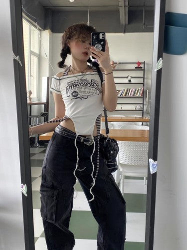One Word Neck Striped Halterneck T-shirt Hottie's