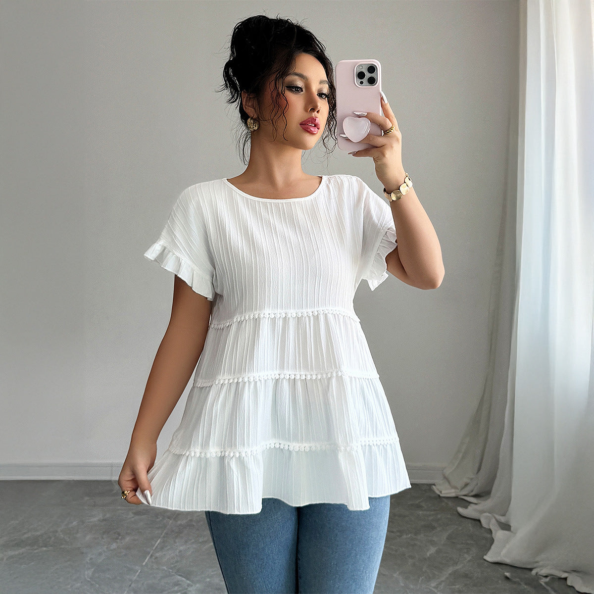 Sleek Stylish Ruffled-edge Short-sleeve T-shirt