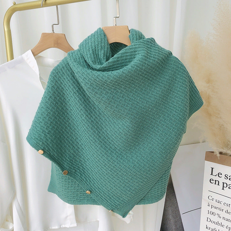 New Knitted Shawl Cloak Buckle Wool Plaid Scarf Women's All-match Warm Large Cape