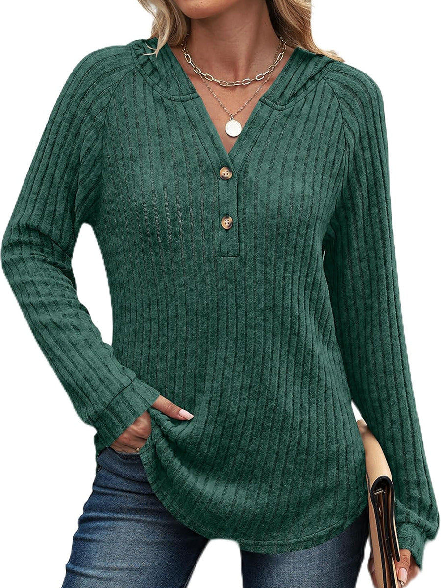 Solid Color And V-neck Button Loose Hooded Fleece Knitted Top