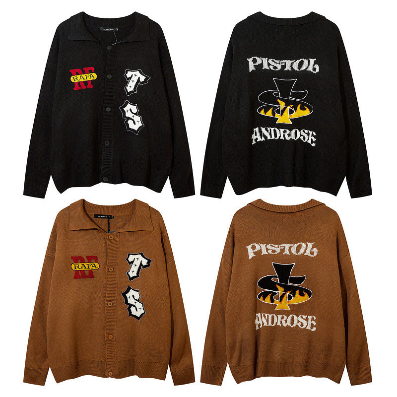 American High Street Letter Embroidery Design Lapel Sweater