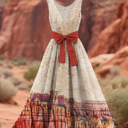 Womens Sleeveless V-Neck Lace-Up Dress With Floral Print