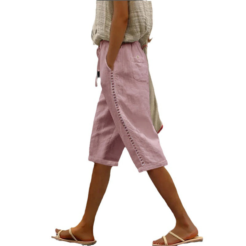 Woven Cotton And Linen Side Lace Hollowed Leisure Shorts